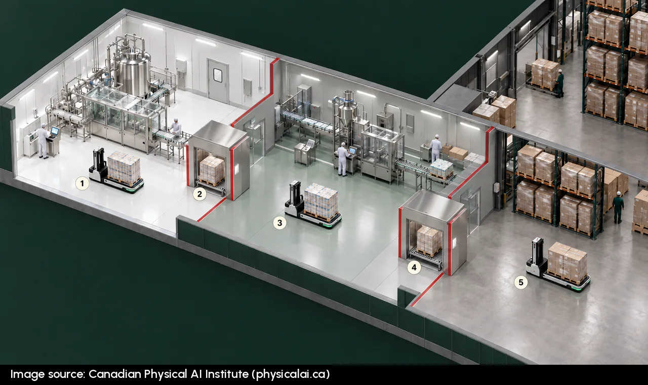 Isometric illustration of three hygiene zones side by side, high-care, medium-care and warehouse, separated by red lines. Each zone has its own driverless pallet truck, and pallets sit in stainless pass-through airlocks between zones.