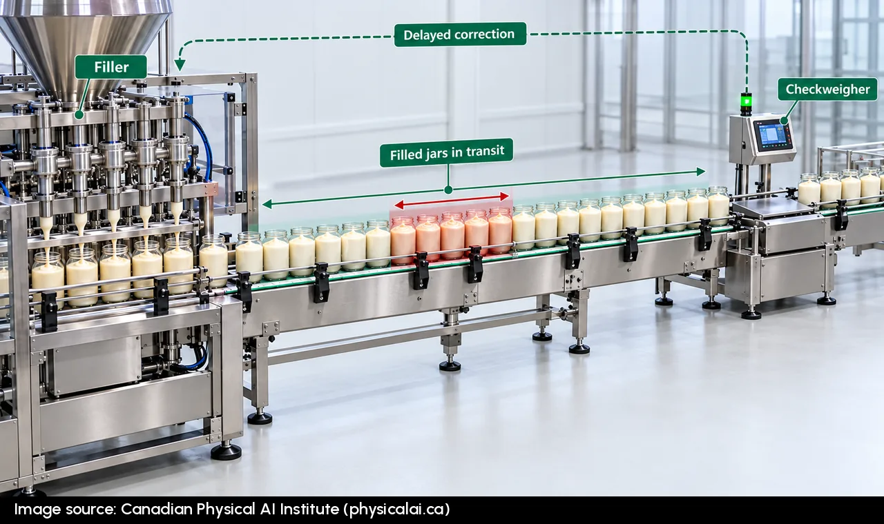 Illustrated mayonnaise filling line with a filler on the left, a group of filled jars highlighted in the middle, and a downstream checkweigher on the right. A feedback arrow returns toward the filler while the jars remain in transit.