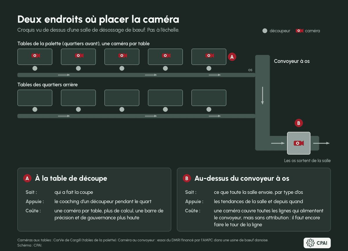 Schéma vu de dessus d’une salle de désossage de bœuf. Cinq tables de la palette, chacune munie d’une caméra, et cinq tables des quartiers arrière sans caméra envoient les os sur deux convoyeurs vers un seul convoyeur à os. Une caméra dans un cabinet en acier au-dessus du convoyeur surveille les os qui sortent de la salle. Deux encadrés comparent ce que chaque caméra sait, appuie et coûte.
