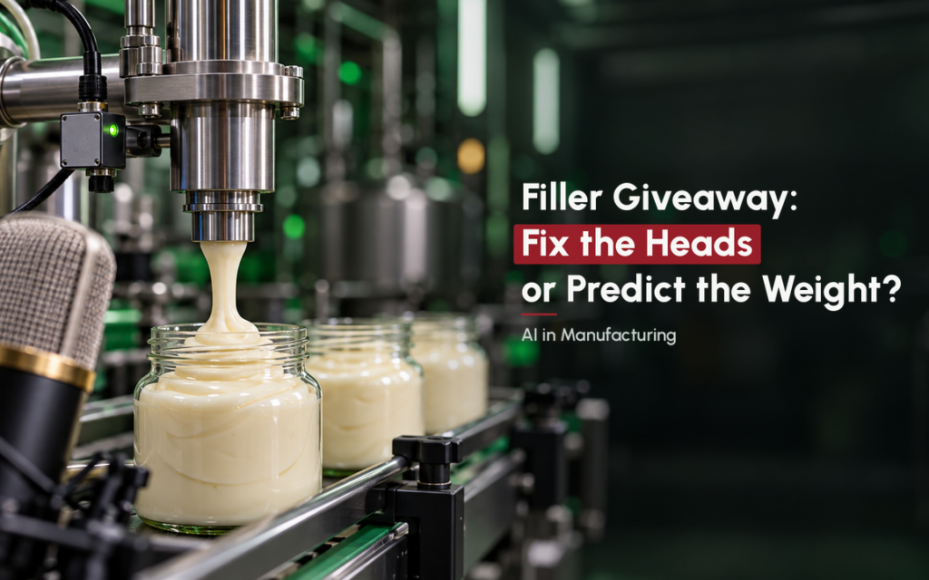 Stainless steel filler nozzle filling a mayonnaise jar on a food plant line, with the headline Filler Giveaway: Fix the Heads or Predict the Weight?