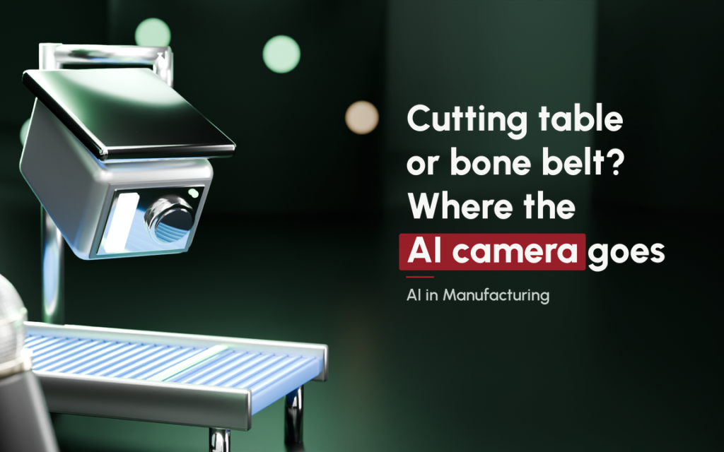 Stainless washdown camera cabinet above a blue food-grade conveyor in a dark plant